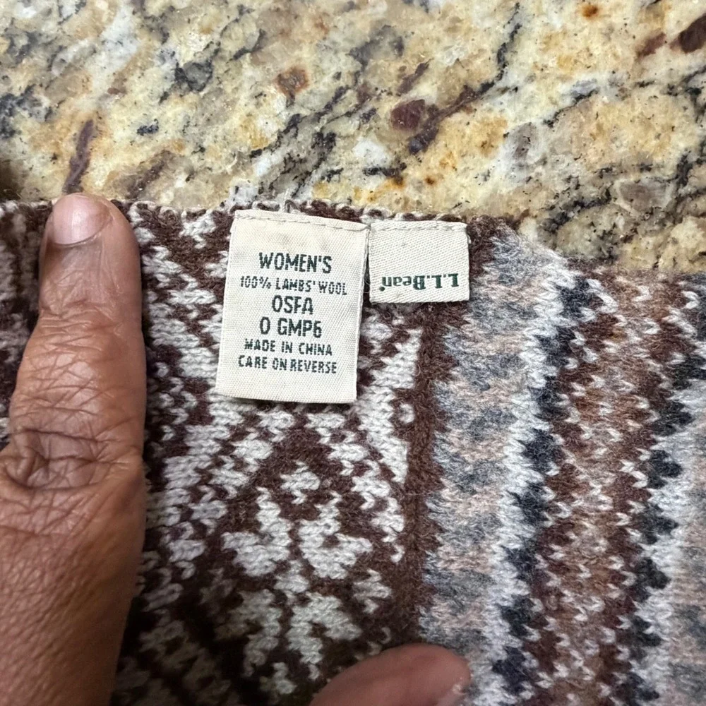 LL Bean Scarf Womens Brown Fair Isle Snowflake 100% Lambswool Knit OSFA 0GMP6